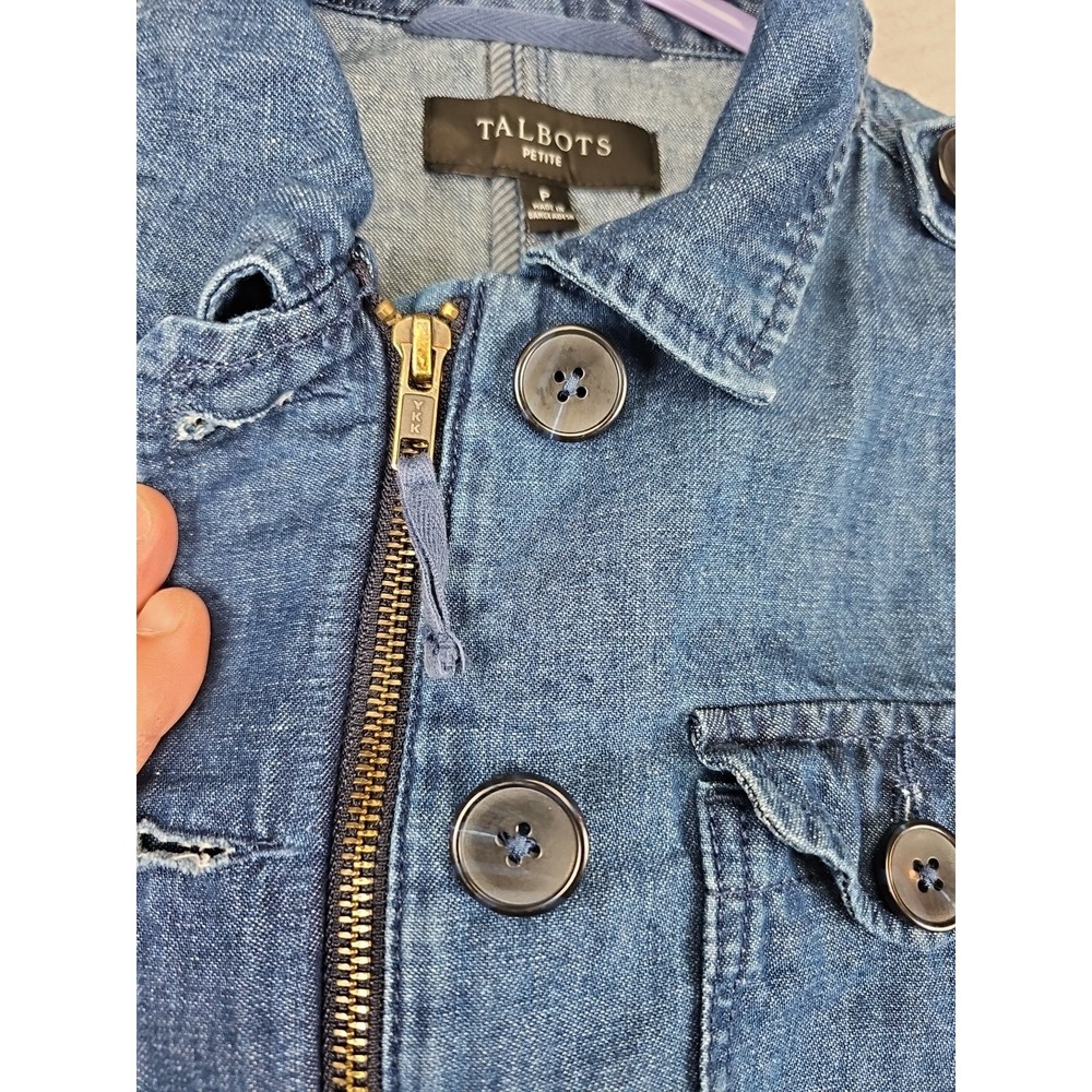 Talbots Petite Denim Utility Jacket Size P Blue Drawstring Waist Cotton/Hemp - Picture 6 of 12